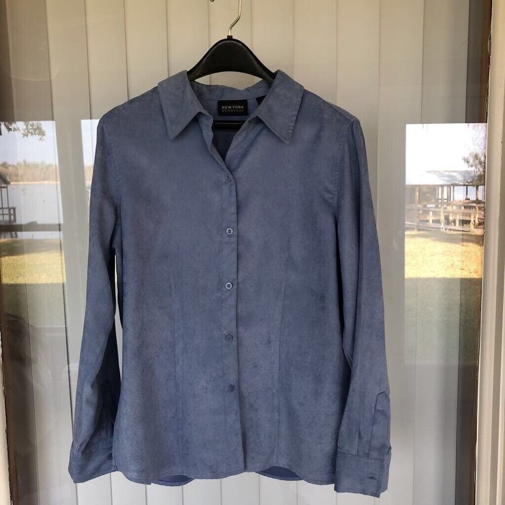 New York & Company Womens Blouse Blue Long Sleeve Button Cuff Microsuede L